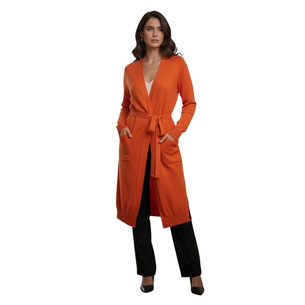 LOFT Orange Linen Blend Long Sleeve Tie Waist Cardigan‎ Sweater Dress XS